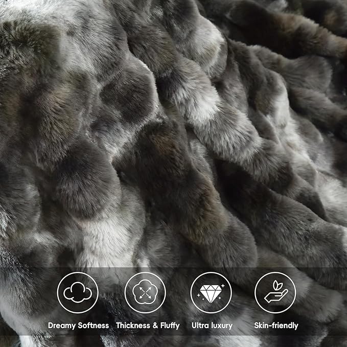 PHF Luxury Faux Rabbit Fur Throw Blanket, Ultra Soft Fluffy Plush Cozy Warm Bubble Blanket for Bed, Couch, Sofa Decorative, Thick Reversible Suitable for Fall & Winter, 50" x 60", Tie Dye Charcoal