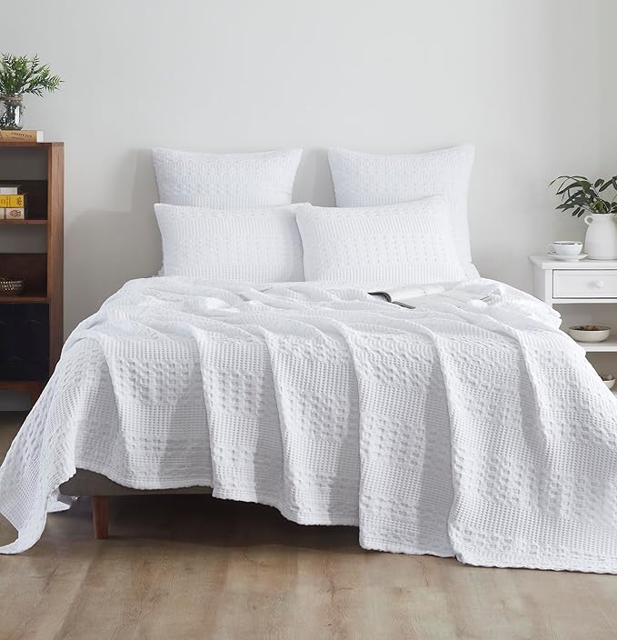 VHC Brands 100% Cotton Waffle Weave King Blanket 108"x90", Decorative Lightweight Spring and Summer Throw Blanket, Bedroom Decor for Bed, Couch, or Sofa, White