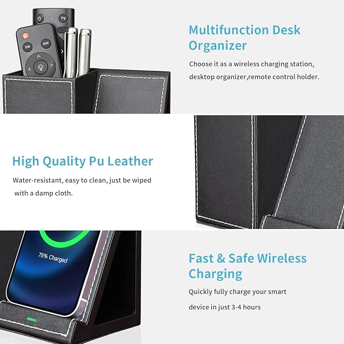 KINGFOM PU Leather Desk Organizer with Wireless Charging Station for iPhone, 10W Wireless Charger for iPhone 14/14 Pro/13/12/Samsung Galaxy S23/S22/S21/Note 20/Note 10(Black-S)