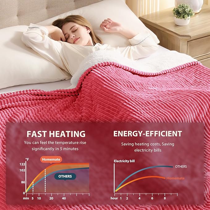 Homemate Heated Blanket Electric Throw - 50"x60" Heating Blanket Throw 1/2/4/6/8 Hours Auto-Off 10 Heat Levels Over-Heat Protection Soft Flannel Sherpa ETL Certification