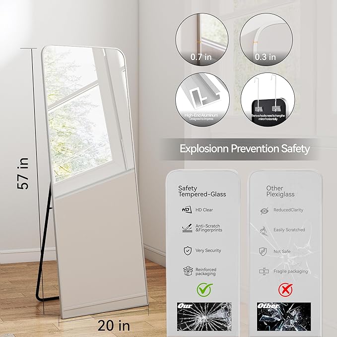 57x20 Door Hanging Full Length Mirror, Floor (Height 5.7ft just Body in 1.3ft) or Wall Mounted Metal Frame Rectangle Dressing Mirrors for Bedroom Bathroom Living Room 57 inch Silver