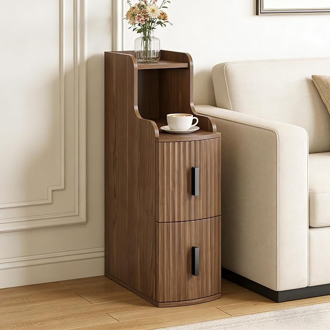Skinny End Table with 2 Storage Drawers for Living Room Office Slim Side Table Mini Small Nightstand Narrow Beside Table for Sofa Bedroom (1, Walnut)