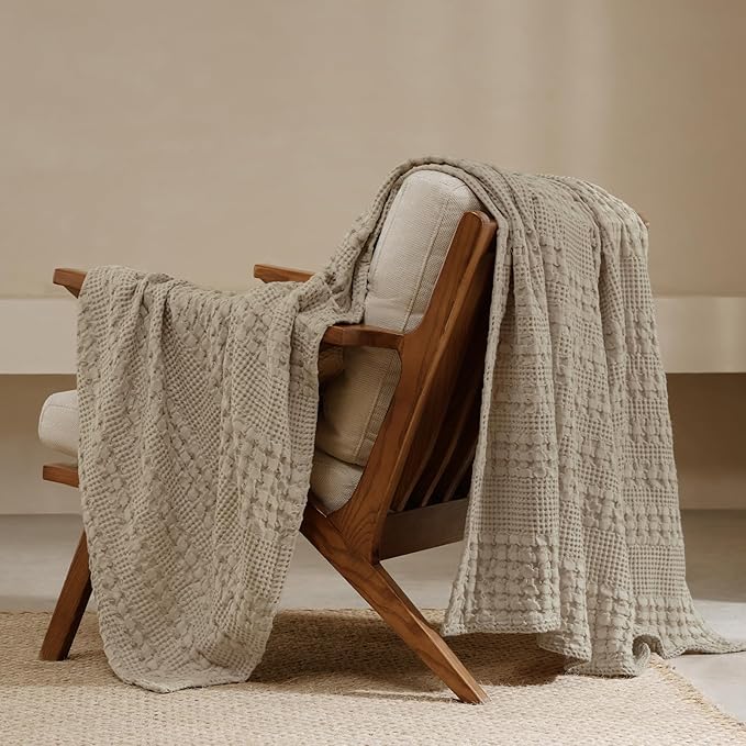 PHF 100% Cotton Waffle Weave Throw Blanket, Soft Lightweight Breathable Cozy Throws for Couch Bed Sofa, Luxury Aesthetic Blanket Gift for Home Decor & Office, 50"x60", Taupe