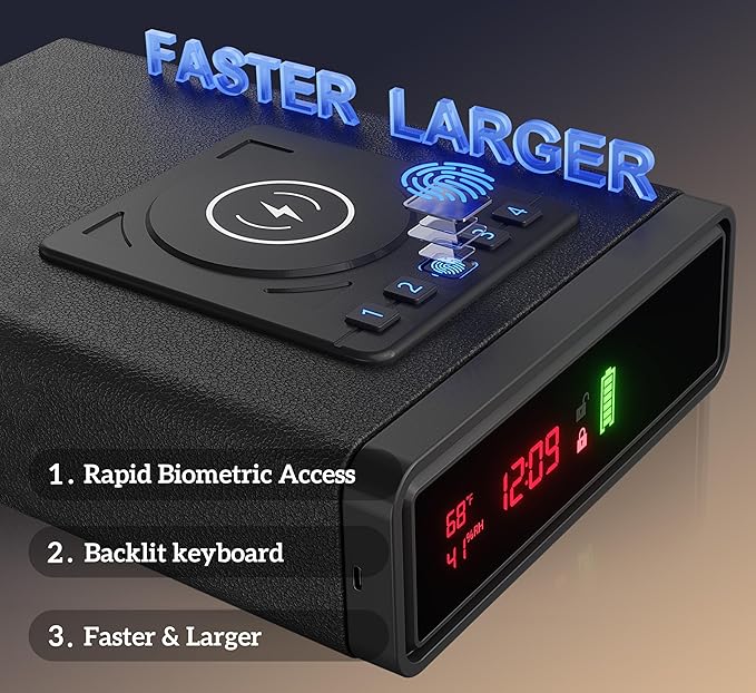 Biometric Smart Gun Safe with Wireless Charging, 3 Quick Access Money Box with Fingerprint - Compact Bedside Drawer Safe, 24/7 Digital Clock handgun safe,Gifts for Men