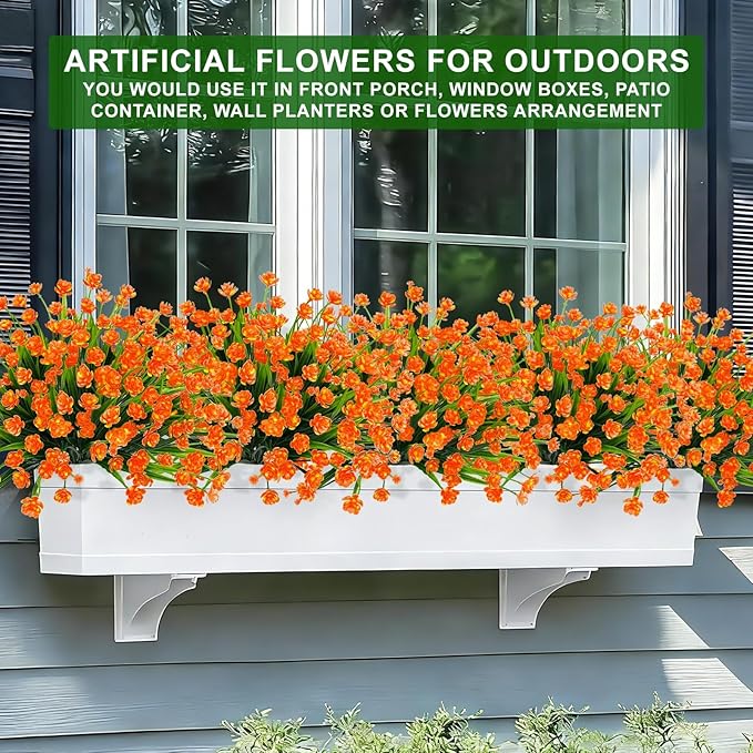 20 Bundles Artificial Flowers for Outdoors Spring Summer Decor-UV Resistant Fake Mums Faux Plants Plastic Flowers Greenery for Home Porch Gardens Fireplace Patio Indoor Outsides Decor(Orange Red)