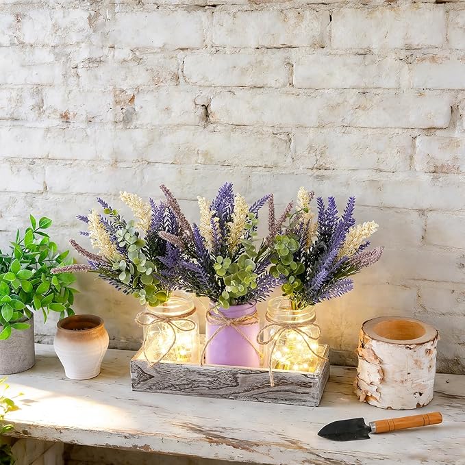 LUEUR Mason Jar Lights Centerpiece Table Decor with Wood Tray – 3 Lighted Glass Jars with Purple Lavender Flowers, Home Decoration for Dining Table, Coffee Table, Kitchen & Living Room