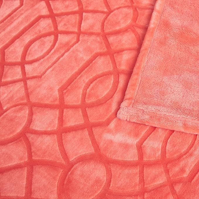 Soft Cozy Fleece Queen Size Blanket, 90x90 Inches – Lightweight Plush Blanket for Bed, Fuzzy 3D Jacquard Design - Coral