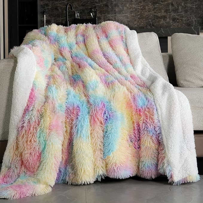 Pawque Faux Fur Sherpa Fleece Blanket Twin Size Rainbow - Fluffy Warm Plush Blankets for Bed, Cozy Thick Lightweight Reversible Decor for Winter Sofa Couch, 60x80 inches
