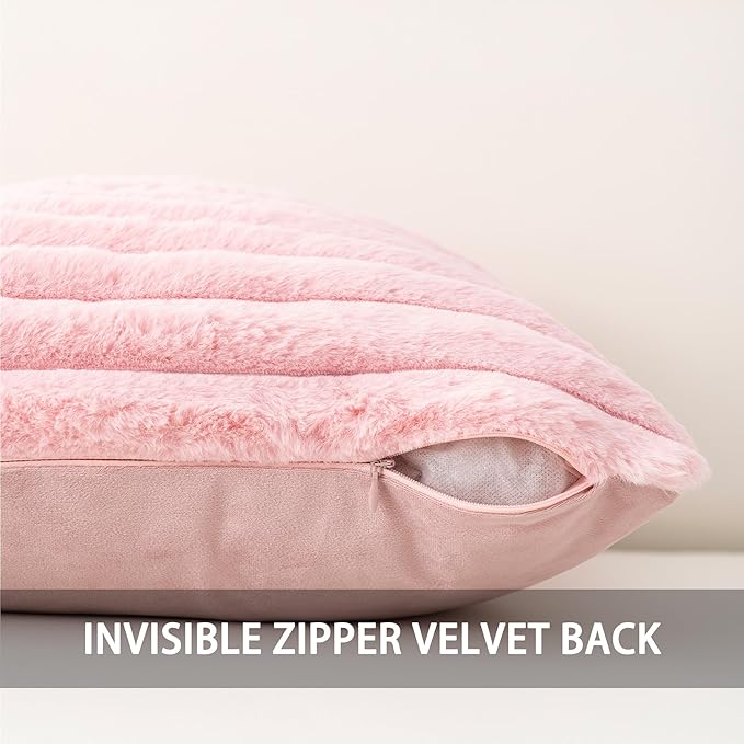 Aegero Pack of 2 Faux Fur Christmas Throw Pillow Covers 12x20 Inch, Soft Plush Striped Neutral Couch Pillow Cover, with Velvet Back Modern Home Decor for Sofa Living Room Couch Bed Pink