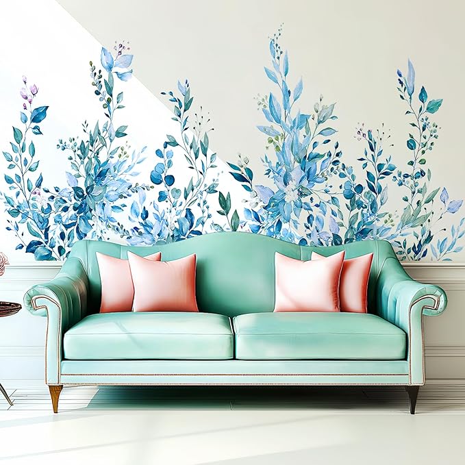 Blue Plants Leaves Wall Decals Peel and Stick, Large Floral Flowers Vinyl Wall Stickers, Removable Vine Home Decor Art for Bedroom Living Room Classroom Office