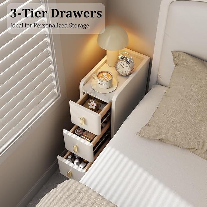 AQIMUELE Narrow Nightstand with Drawers, Narrow Side Table Leather, Small Bedside Tables for Bedroom. (White)