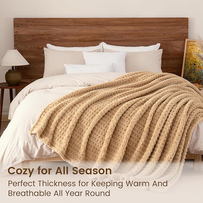 David's Home Ultra Soft Fleece Blanket Queen Size for Bed, Plush Shaggy Fluffy 3D Jacquard Waffle Throw for Couch, Warm Lightweight for Fall Winter,Fuzzy Aesthetic Room Decor,90x90 inches,Latte