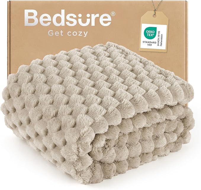 Bedsure Beige Throw Blanket for Couch - 350GSM Fluffy Plush Bubble Blanket for Bed Home Room Decor, GentleSoft Cute Fleece Soft Cozy Gifts for Women Girls, 50x60 Inches