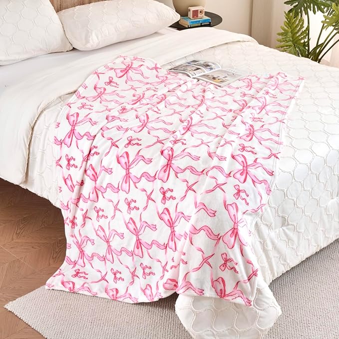 Pink Bow Twin Blanket – 60x80 Inch Soft Fleece Blanket for Girls and Women, Coquette Aesthetic Room Decor for Bed, Couch, Chair, Preppy Bedroom or Gift, Cute Pink Bow Decor Blanket