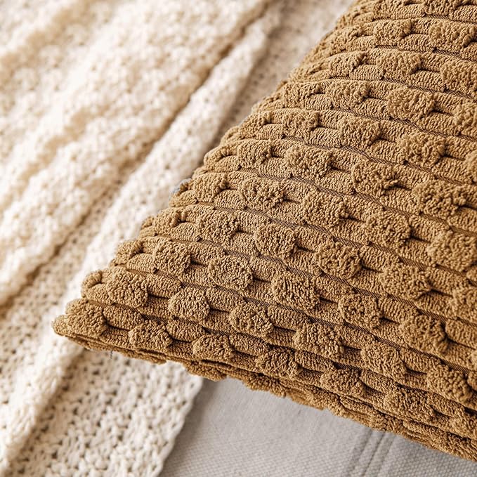 MIULEE Pack of 2 Decorative Throw Pillow Covers 18x18 Inch Soft Boho Striped Textured Corduroy Pillow Covers Modern Farmhouse Home Decor for Couch Bed Sofa Living Room Light Coffee
