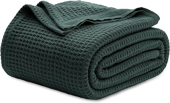 Bedsure Gentlesoft 100% Cotton Blanket King Size for Bed - Breathable and Soft for Spring Summer, Thick Cozy Waffle Weave Blanket Gifts for Women, Dark Green, 104x90 inches