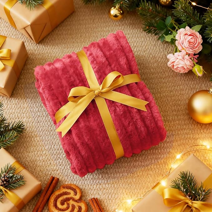 Nookly Red Fleece Throw Blanket for Couch, Soft Lightweight Ribbed Plush Blanket for Sofa and Bed, All-Season Cozy Striped Throw for Women Girl 50x60 Inches