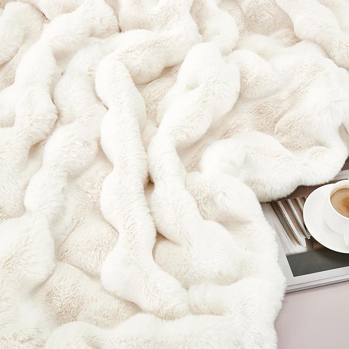 JONIYEAR Extra Large Soft Fuzzy Bubble Faux Rabbit Fur Bed Blanket Queen Size 80" x 90", Decorative Big Thick Warm Fluffy Blanket for Winter, Luxury Cute Cozy Shaggy Comfy Furry Blankets, Cream White