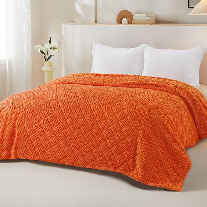 Whale Flotilla Fuzzy Fleece King Size Blanket for Bed, Soft Fluffy Jacquard Waffle Blankets for All Season, Lightweight and Warm, 90x104 Inch, Burnt Orange
