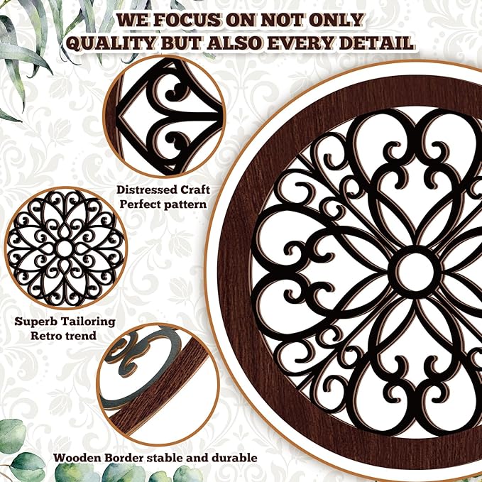 Yulejo 4 Pcs Thicken Rustic Wall Decor Farmhouse Kitchen Wall Round Art Wooden Hollow Carved Design Rustic Art for Living Room Bedroom Hallway Decor (15.7 x 15.7 Inch,Black, Brown)