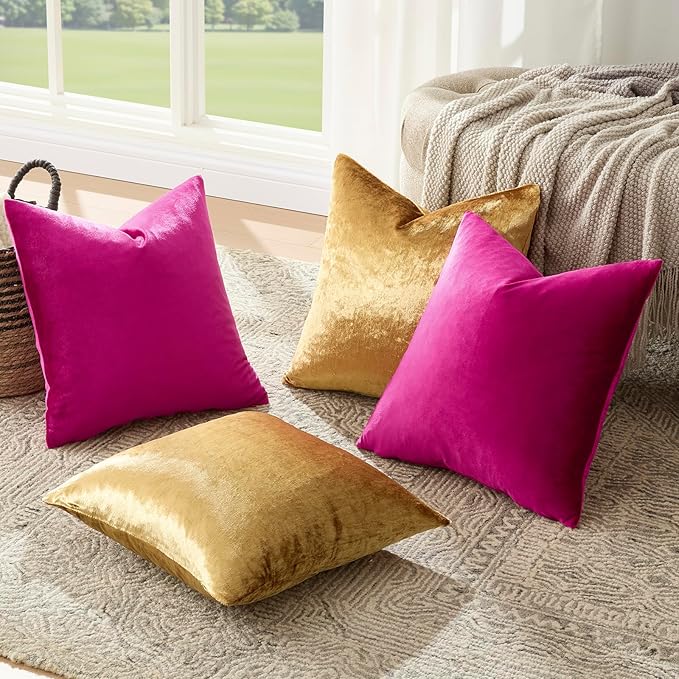 GIGIZAZA Velvet Pillow Covers 20x20,Hot Pink Gold Soft Throw Pillow Covers Set of 4 Square Decorative Modern Pillows Covers for Living Room