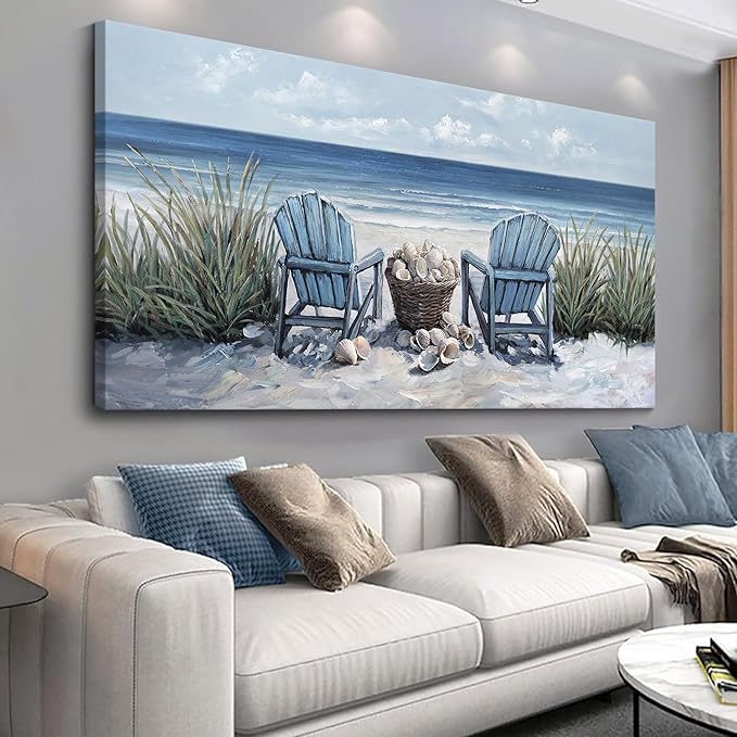 HGUAOA Coastal Wall Art - Large Landscape Wall Paintings for Living Room, Bedroom Pictures, Ocean Beach Artwork, Blue Wall Art, Above Bed Decor, Coastal Landscape Beach Pinting