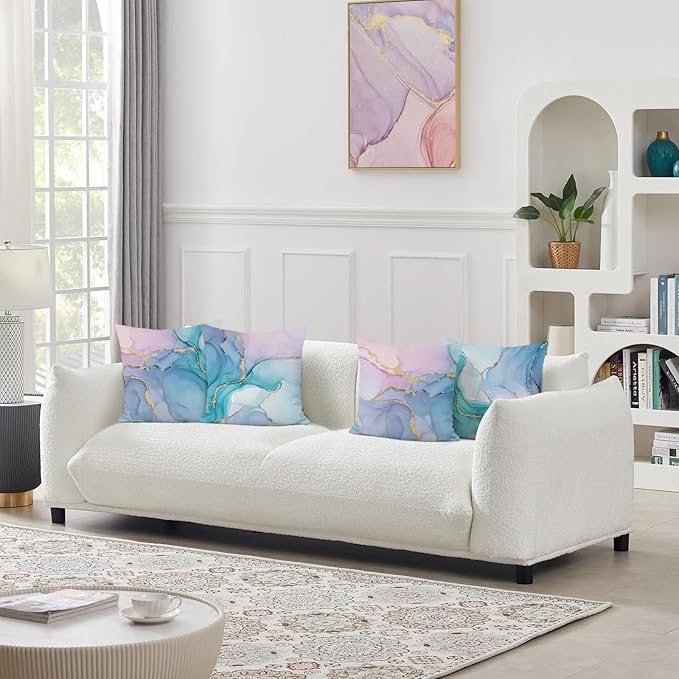 Bonhause Colorful Marble Throw Pillow Covers 18 x 18 Inch Pink Purple Blue Turquoise Watercolor Abstract Modern Decorative Pillows for Couch Sofa Bed Home Decor Set of 4