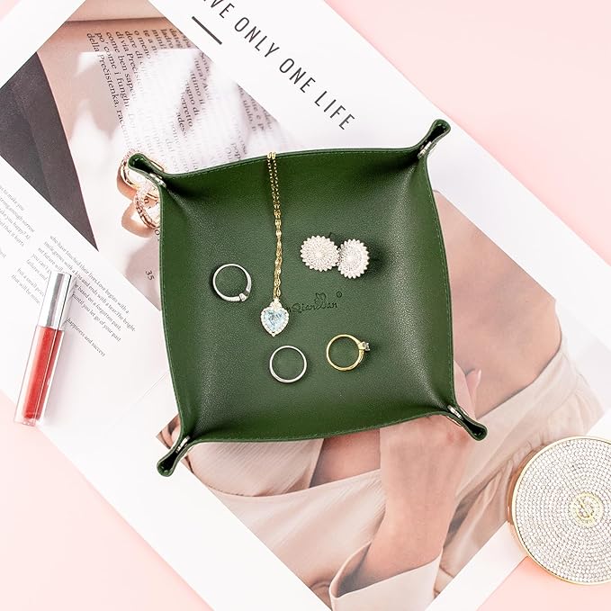SANQIANWAN PU Leather Arc Edge Jewelry Valet Tray for Man and Women, Portable Mini Entryway Table Tray Bedside Nightstand Desk Tray Small Travel Dish Plate for Key,Wallet,Watch,Coin (DarkGreen)