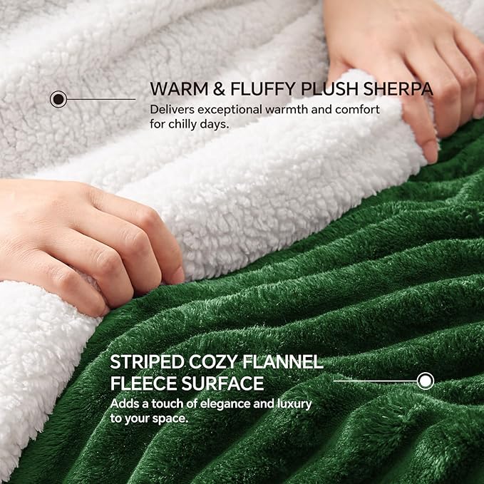 INFIIXSO Sherpa Fleece King Size Blanket - Super Soft & Warm Striped Fleece, Cozy Plush Fluffy Large Bed Blanket All Season Use (Dark Green, 104x90 Inches)