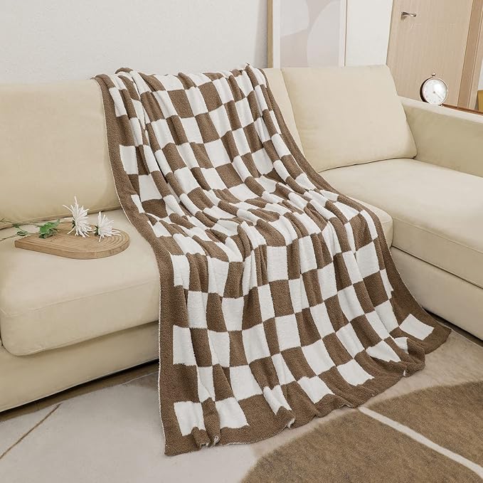 bearberry Fuzzy Checkerboard Grid Throw Blanket Soft Cozy Warm Microfiber All Season Blanket Decor for Couch Sofa Bed Travel Home (Mocha, 50''x60'')