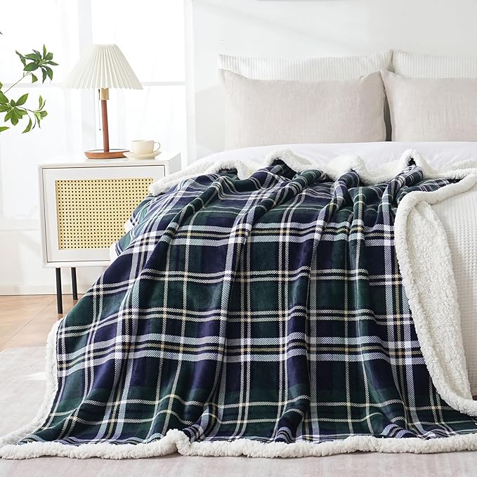 Sherpa Fleece Throw Blanket for Couch, Fluffy Plush Warm Fuzzy Blanket for Women and Men, Cozy Thick Soft Twin Blanket for Bed(Green-Soft Blue, 80"*90")