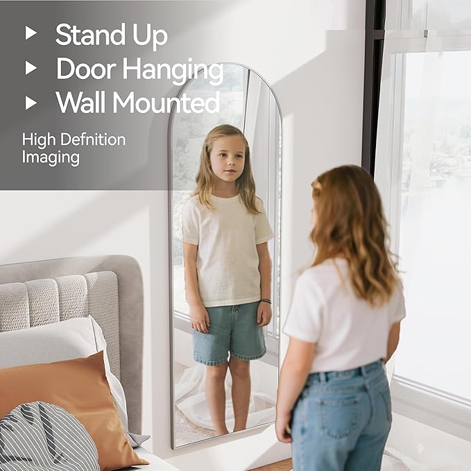57x20 Door Hanging Full Length Mirror, Floor (Height 5.7ft just Body in1.3ft) or Wall Mounted Metal Frame Arch Dressing Mirrors for Bedroom Bathroom Living Room 57 20 inch Silver
