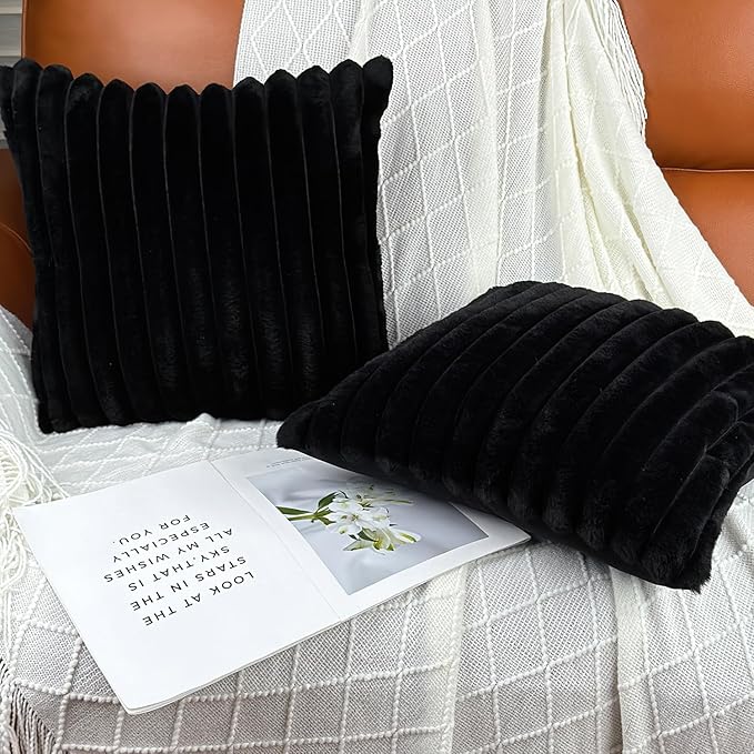 18x18 Throw Pillow Covers Set of 2, Decorative Faux Fur Covers for Bed, Couch Soft Fluffy Pillow Cover with Velvet Back for Living Room, Neutral Home Décor Accent for Sofa - Black