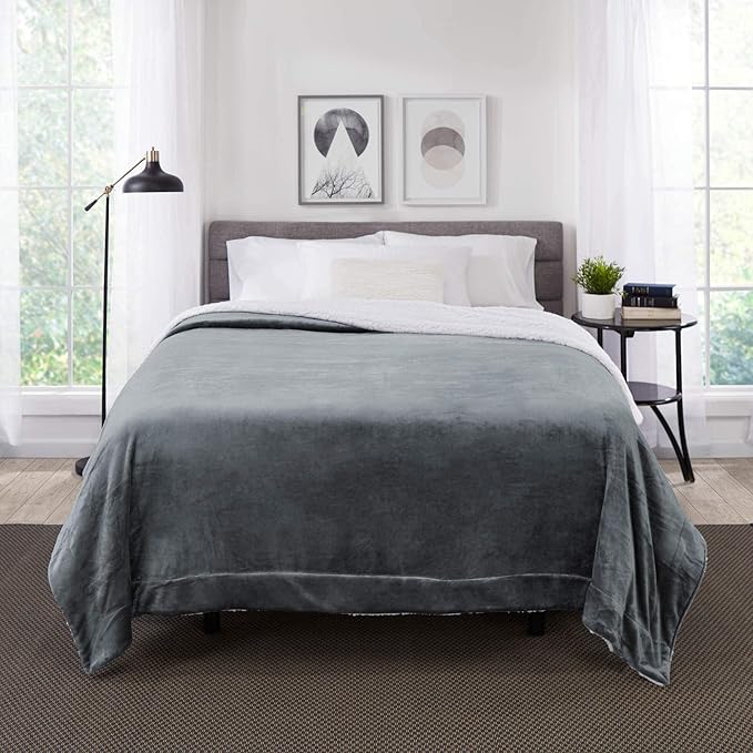 Genteele Sherpa Throw Blanket Super Soft Reversible Ultra Luxurious Plush Blanket, 90 x 90 inches, Gray/White