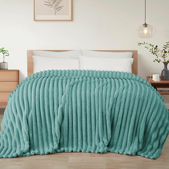 Exclusivo Mezcla Queen Size Flannel Fleece Blanket, Super Soft Striped Jacquard Bed Blanket, Lightweight Fuzzy Cozy for All Seasons, 90x90 Inches, Celadon