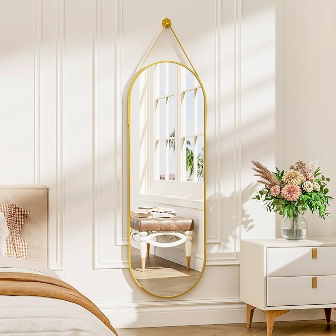 TinyTimes 48"x16" Hanging Mirror with Leather Strap,Oval Full Length Mirror with Aluminum Frame Wall-Mounted Hanging Mirrors for Bathroom Vanity Living Room Bedroom Entryway Decor, Gold