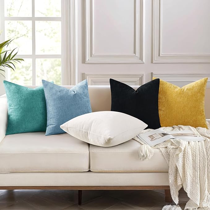 decorUhome Chenille Turquoise Summer Throw Pillow Covers 24x24 Inch Set of 2, Decorative Soft Couch Pillow Covers Solid Dyed Accent Farmhouse Neutral Square Pillow Cases for Sofa