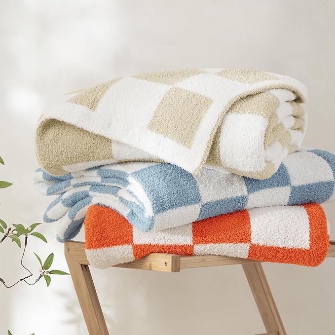 Whale Flotilla Checkered Knit Blanket Twin Size, Ultra Soft Warm Reversible Cozy Decorative Blankets for Couch Sofa and Bed, 60x80 Inch, Orange