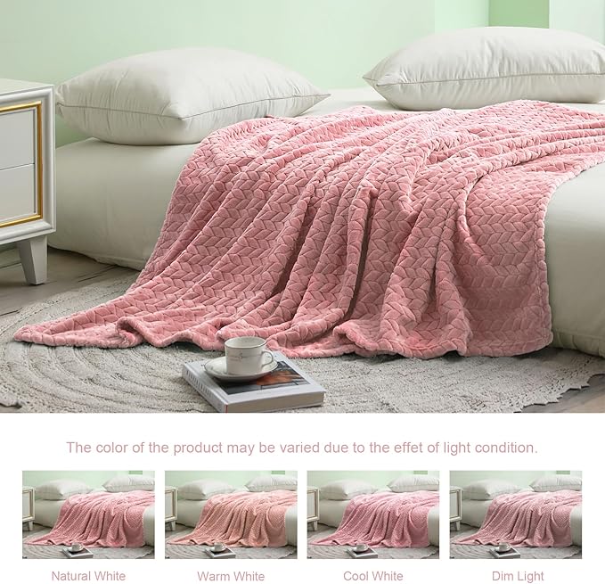 Exclusivo Mezcla Fleece Twin Size Blanket for Bed, 60x80 Inches Soft Cozy Jacquard Flannel Blankets, Lightweight Fuzzy Plush Warm for Women, Pink