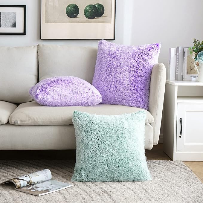 MIULEE Pack of 2 Ultra Soft Fluffy Throw Pillow Covers Decorative Plush Shaggy Double-Sided Faux Fur Pillow Cases Cushions Covers for Cute Sofa Bedroom Ca 18x18 Inch Purple Ombre