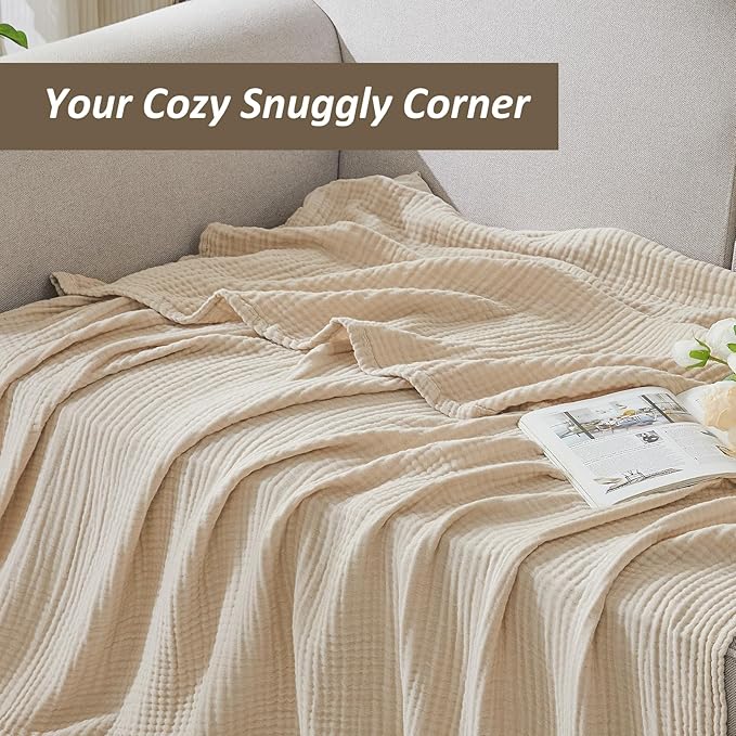 EMME Cotton Muslin Queen Blanket Bed Layering Bedspread Coverlet Breathable Gauze Soft Lightweight Blankets (Heather Beige, 90"x90")