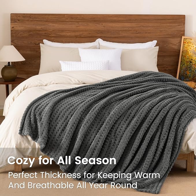 David's Home Ultra Soft Fleece Blanket Queen Size for Bed, Plush Shaggy Fluffy 3D Jacquard Waffle Throw for Couch, Warm Lightweight for Fall Winter,Fuzzy Aesthetic Room Decor,90x90 inches,Dark Grey
