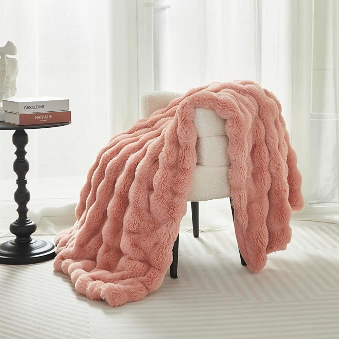 Faux Fur Throw Blanket for Couch Cozy Fuzzy Soft Plush Thick Fluffy Fleece Bubble Blanket for Sofa Bedroom Living Room, 63x79 Inches Pink