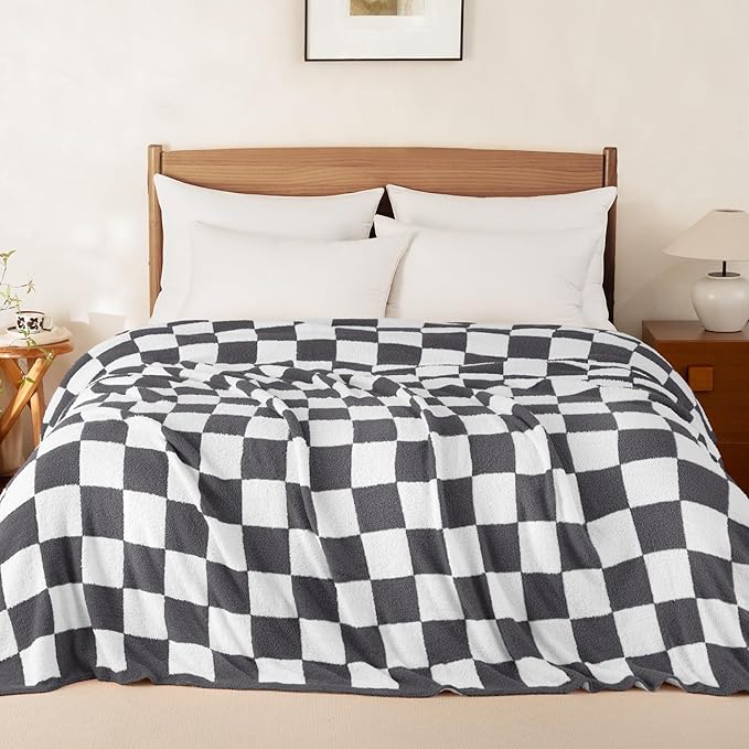 Whale Flotilla Checkered Knit Blanket Queen Size, Ultra Soft Warm Reversible Cozy Decorative Blankets for Couch Sofa and Bed, 90x90 Inch, Grey