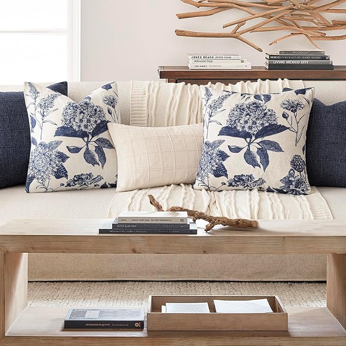 Foindtower Set of 2 Linen Floral Vintage Throw Pillow Covers Neutral Accent Print Decorative Cozy Cushion Covers Farmhouse Boho Home Decor for Sofa Chair Couch Bed Living Room,24×24 Inch,Navy Blue