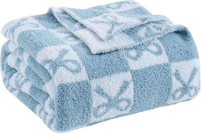 YIRUIO Blue Checkered Knit Throw Blanket - with Bow Pattern for Women Daughter & Son, 60x80 Twin Size Ultra Soft Microfiber Reversible,Fluffy Fuzzy Cozy Throw for Bed, Sofa & Couch, Home Decor