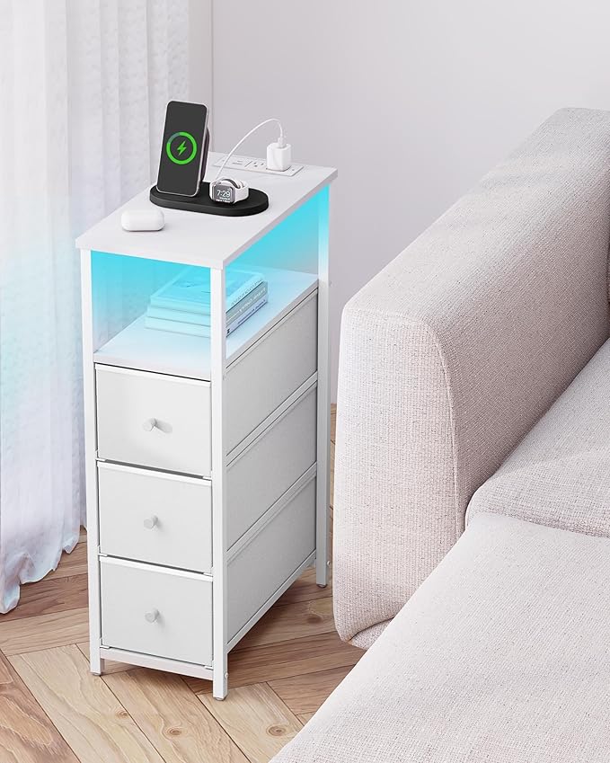 TUTOTAK Narrow LED Night Stand with Charging Station, Slim End Table with Plugins, Tall Side Table with 3 Fabric Drawer, Small Bedside Table with Storage, Set of 2, for Living Room, White TB01BW073L