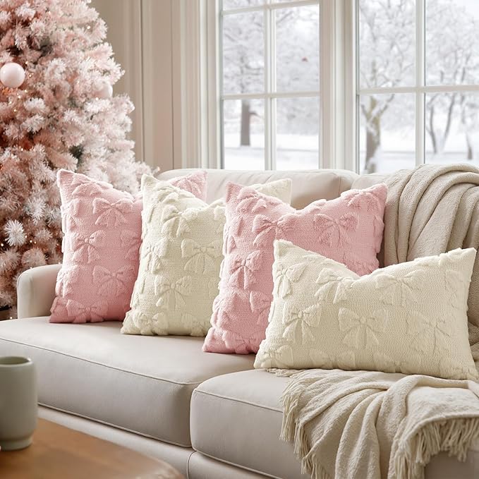 MIULEE Cream White Bow Pillow Covers Coquette Room Decor Aesthetic Set of 2 Spring Decorative Cute Girl Soft Plush Faux Pillowcase for Preppy Room Decor Bedroom Couch,16x16 Inch