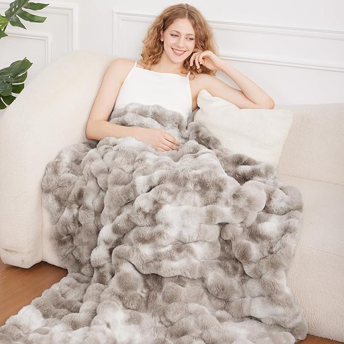 Comelady Faux Rabbit Fur Throw Blanket for Couch,Soft Fluffy Thick Bubble Blanket for Bed Sofa Room Decor-Lightweight Cozy Fuzzy Blanket Gifts for Women Men,Tie-dye Brown,50"×60"