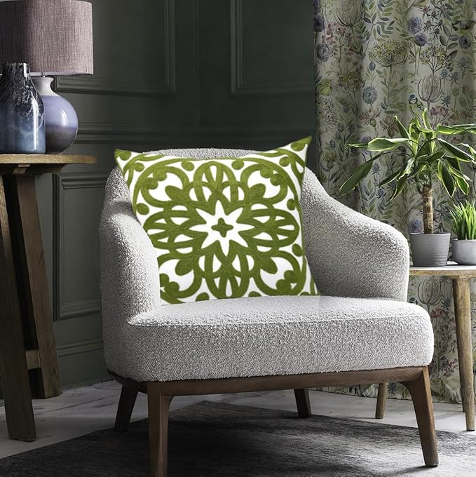 Alysheer Floral Embroidered Spring Decorative Throw Pillow Cover 18"x 18" Set of 2, Boho Farmhouse Embroidery Patterned Green Cushion Case for Sofa Couch Living Room Bedroom Outdoor